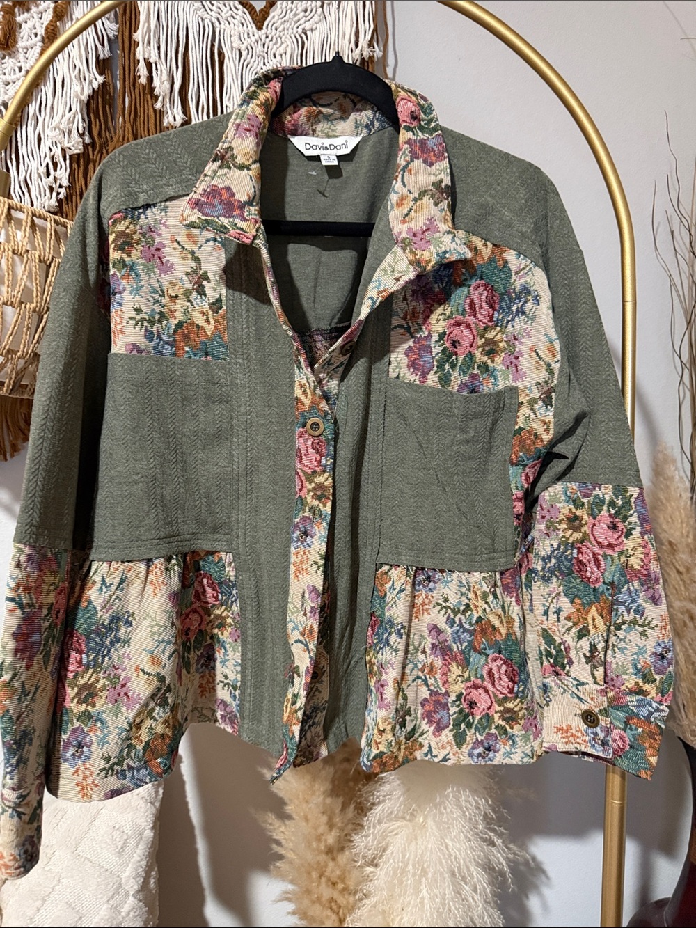 DAVI & DANI Olive Green Jacket with Floral Tapestry Panels